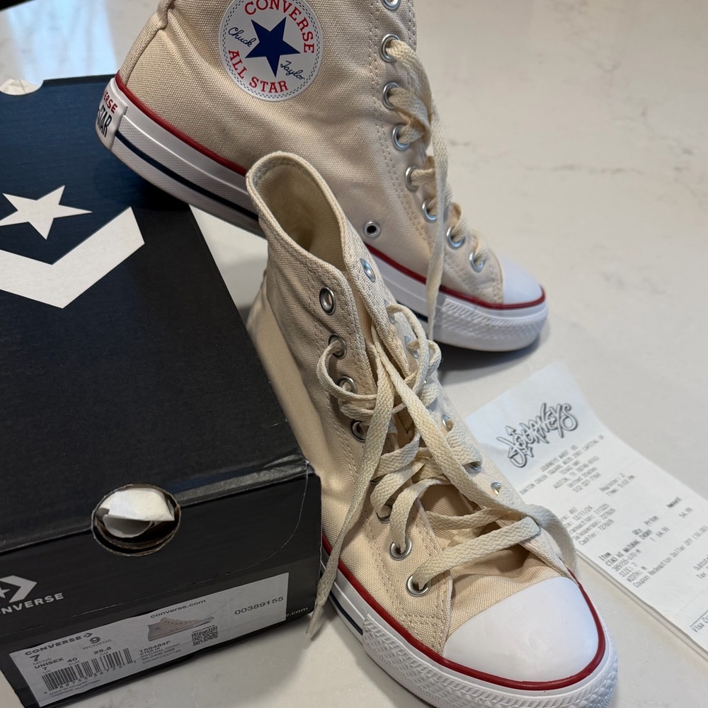 Converse Cream High-Tops with Red Trim
